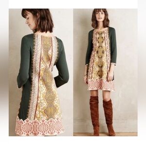 Anthropologie Green and Yellow Patterned Midi Dress